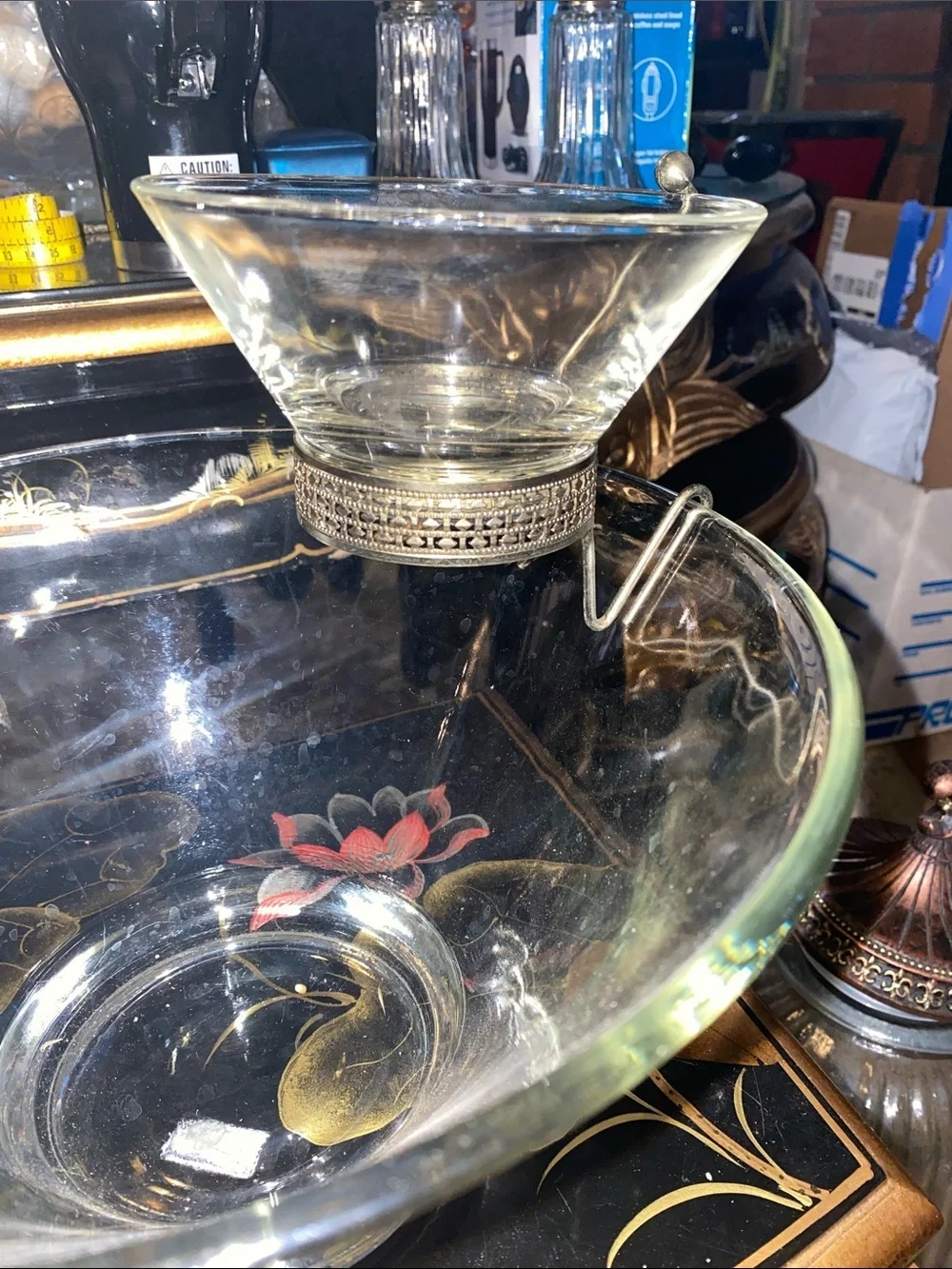 Vintage Clear Glass Chip Bowl with Attached Glass Dip Bowl